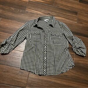 Christopher & Banks Plaid Yellow Navy Button Down V Neck Small 3/4 Sleeve‎